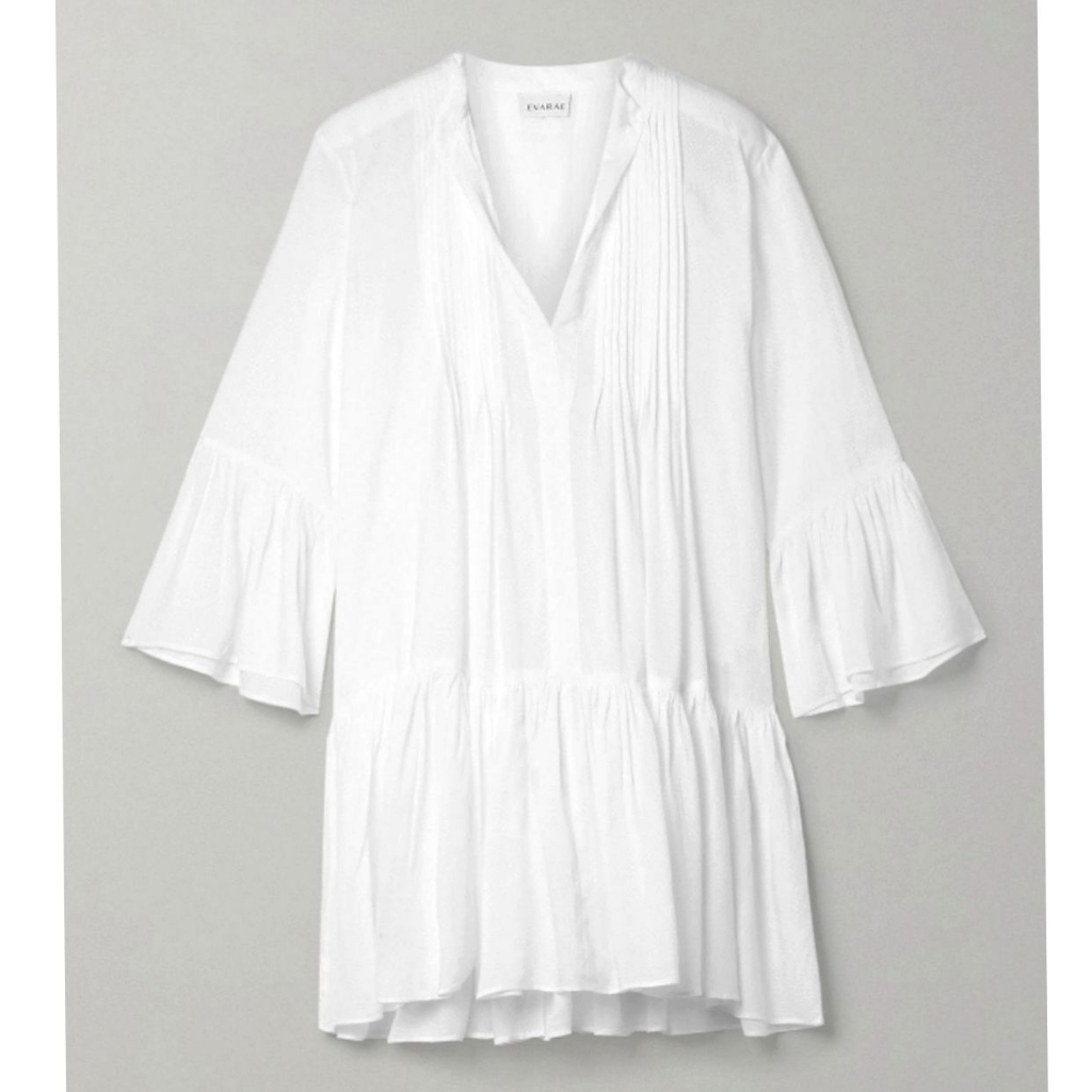 Evarae Loli White Summer Voluminous Flared Sleeves Pleated Breathablemini Dress